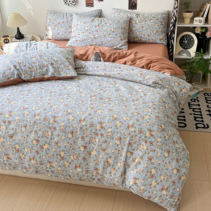 91家纺网 家纺一手货源 找家纺 朵朵家纺 2026新款高级感轻奢复古美拉德色系双层纱泡芙棉床品四件套加厚水洗双层纱软 醉玲珑