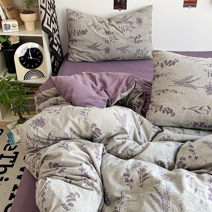 91家纺网 家纺一手货源 找家纺 朵朵家纺 2026新款高级感轻奢复古美拉德色系双层纱泡芙棉床品四件套加厚水洗双层纱软 紫苏
