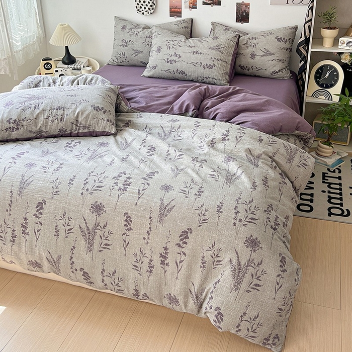 91家纺网 家纺一手货源 找家纺 朵朵家纺 2026新款高级感轻奢复古美拉德色系双层纱泡芙棉床品四件套加厚水洗双层纱软 紫苏