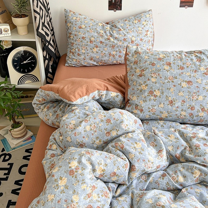 91家纺网 家纺一手货源 找家纺 朵朵家纺 2026新款高级感轻奢复古美拉德色系双层纱泡芙棉床品四件套加厚水洗双层纱软 醉玲珑