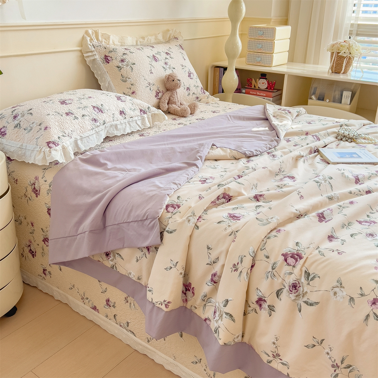 91家纺网 家纺一手货源 找家纺 慕木家纺 2026新款A类印花慕丝棉花边款床盖夏被系列(抽空压缩可供跨境)提供买家秀 洛雅+黛紫