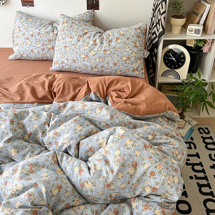 91家纺网 家纺一手货源 找家纺 朵朵家纺 2026新款高级感轻奢复古美拉德色系双层纱泡芙棉床品四件套加厚水洗双层纱软 醉玲珑