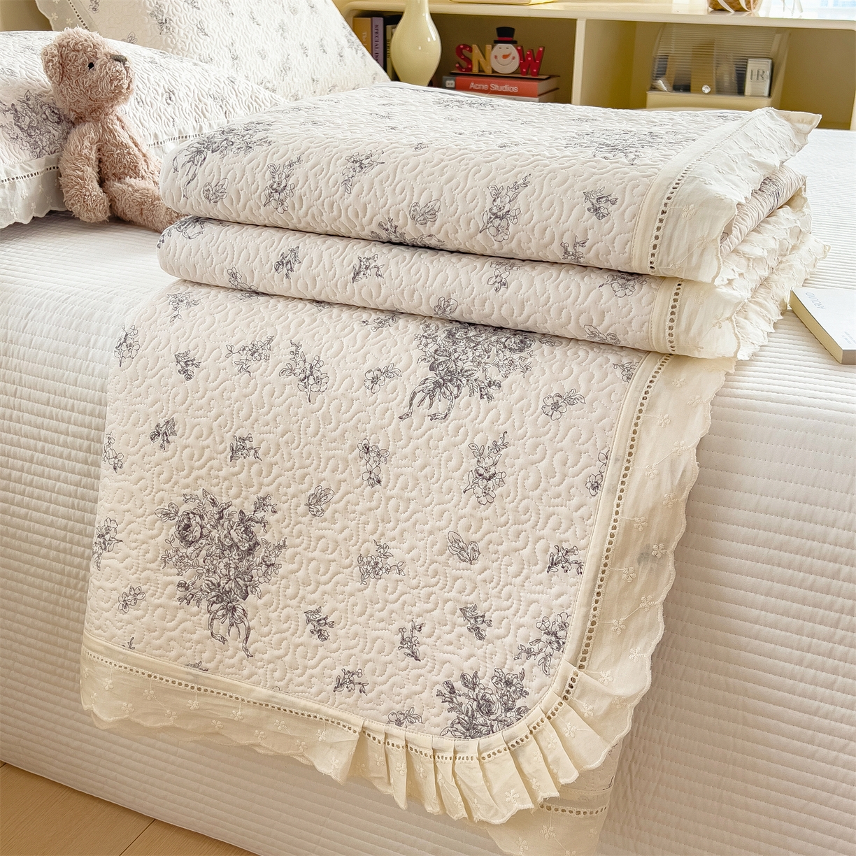 慕木家纺 2026新款A类印花慕丝棉花边款床盖夏被系列(抽空压缩可供跨境)提供买家秀 墨芳+灰