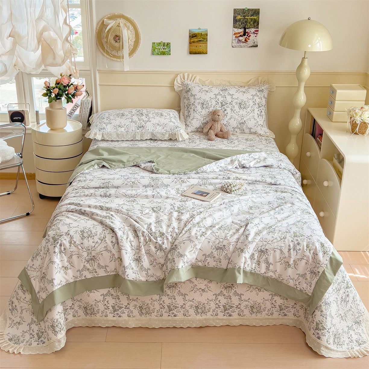 91家纺网 家纺一手货源 找家纺 慕木家纺 2026新款A类印花慕丝棉花边款床盖夏被系列(抽空压缩可供跨境)提供买家秀 清漫+绿