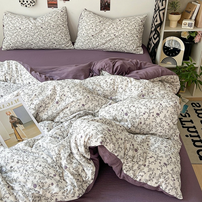 91家纺网 家纺一手货源 找家纺 朵朵家纺 2026新款高级感轻奢复古美拉德色系双层纱泡芙棉床品四件套加厚水洗双层纱软 春风拂梦