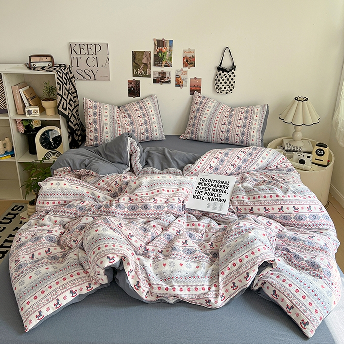 91家纺网 家纺一手货源 找家纺 朵朵家纺 2026新款高级感轻奢复古美拉德色系双层纱泡芙棉床品四件套加厚水洗双层纱软 马上有福