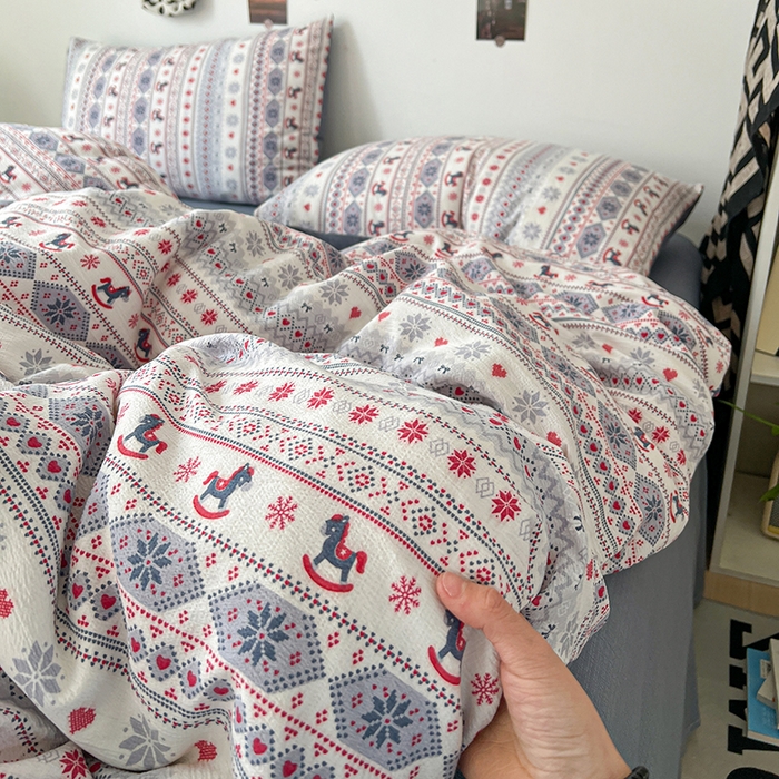 91家纺网 家纺一手货源 找家纺 朵朵家纺 2026新款高级感轻奢复古美拉德色系双层纱泡芙棉床品四件套加厚水洗双层纱软 马上有福