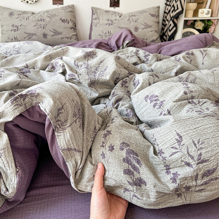 91家纺网 家纺一手货源 找家纺 朵朵家纺 2026新款高级感轻奢复古美拉德色系双层纱泡芙棉床品四件套加厚水洗双层纱软 紫苏