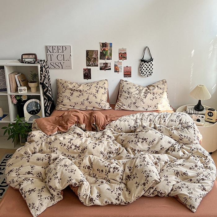 91家纺网 家纺一手货源 找家纺 朵朵家纺 2026新款高级感轻奢复古美拉德色系双层纱泡芙棉床品四件套加厚水洗双层纱软 暮光