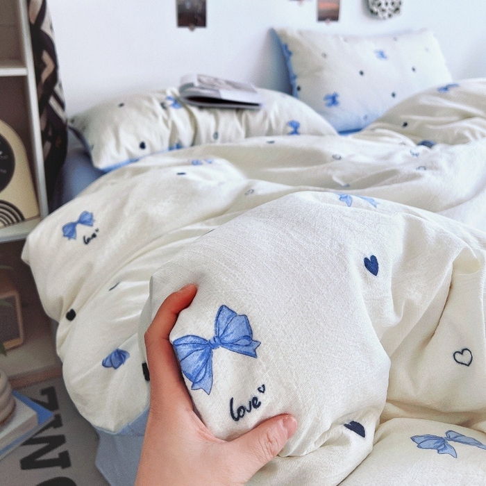 91家纺网 家纺一手货源 找家纺 朵朵家纺 2026新款高级感轻奢复古美拉德色系双层纱泡芙棉床品四件套加厚水洗双层纱软 奶蓝甜结