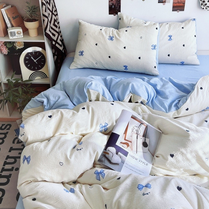 91家纺网 家纺一手货源 找家纺 朵朵家纺 2026新款高级感轻奢复古美拉德色系双层纱泡芙棉床品四件套加厚水洗双层纱软 奶蓝甜结