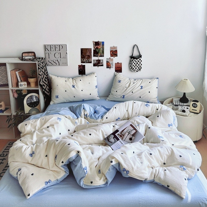 91家纺网 家纺一手货源 找家纺 朵朵家纺 2026新款高级感轻奢复古美拉德色系双层纱泡芙棉床品四件套加厚水洗双层纱软 奶蓝甜结