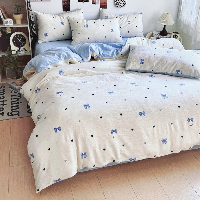 91家纺网 家纺一手货源 找家纺 朵朵家纺 2026新款高级感轻奢复古美拉德色系双层纱泡芙棉床品四件套加厚水洗双层纱软 奶蓝甜结