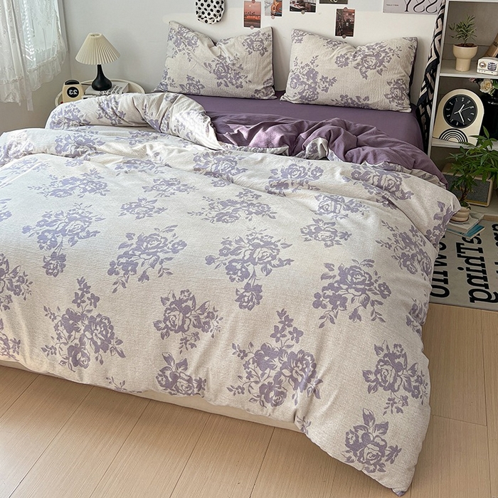 91家纺网 家纺一手货源 找家纺 朵朵家纺 2026新款高级感轻奢复古美拉德色系双层纱泡芙棉床品四件套加厚水洗双层纱软 紫韵