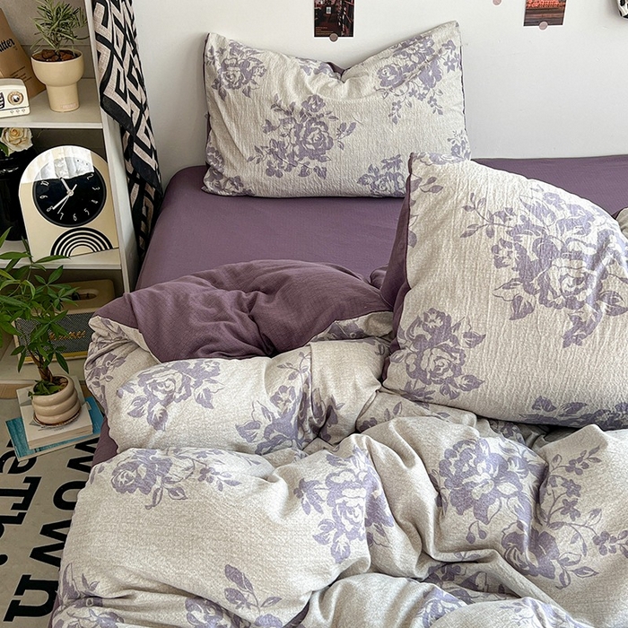 91家纺网 家纺一手货源 找家纺 朵朵家纺 2026新款高级感轻奢复古美拉德色系双层纱泡芙棉床品四件套加厚水洗双层纱软 紫韵