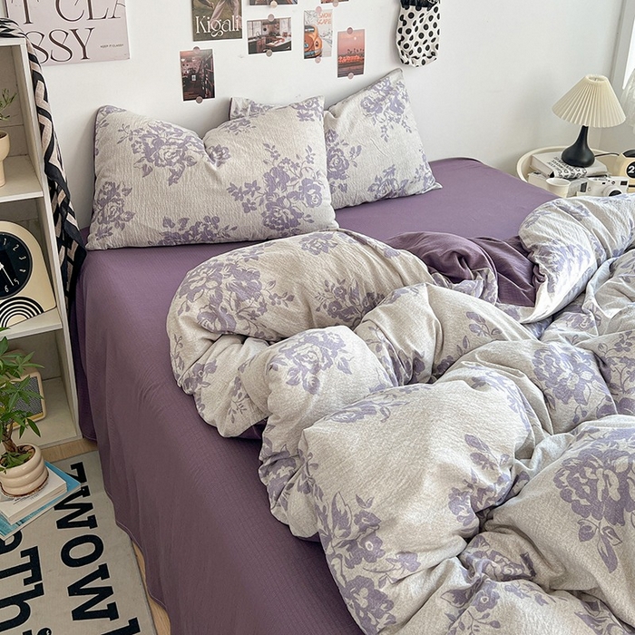 91家纺网 家纺一手货源 找家纺 朵朵家纺 2026新款高级感轻奢复古美拉德色系双层纱泡芙棉床品四件套加厚水洗双层纱软 紫韵