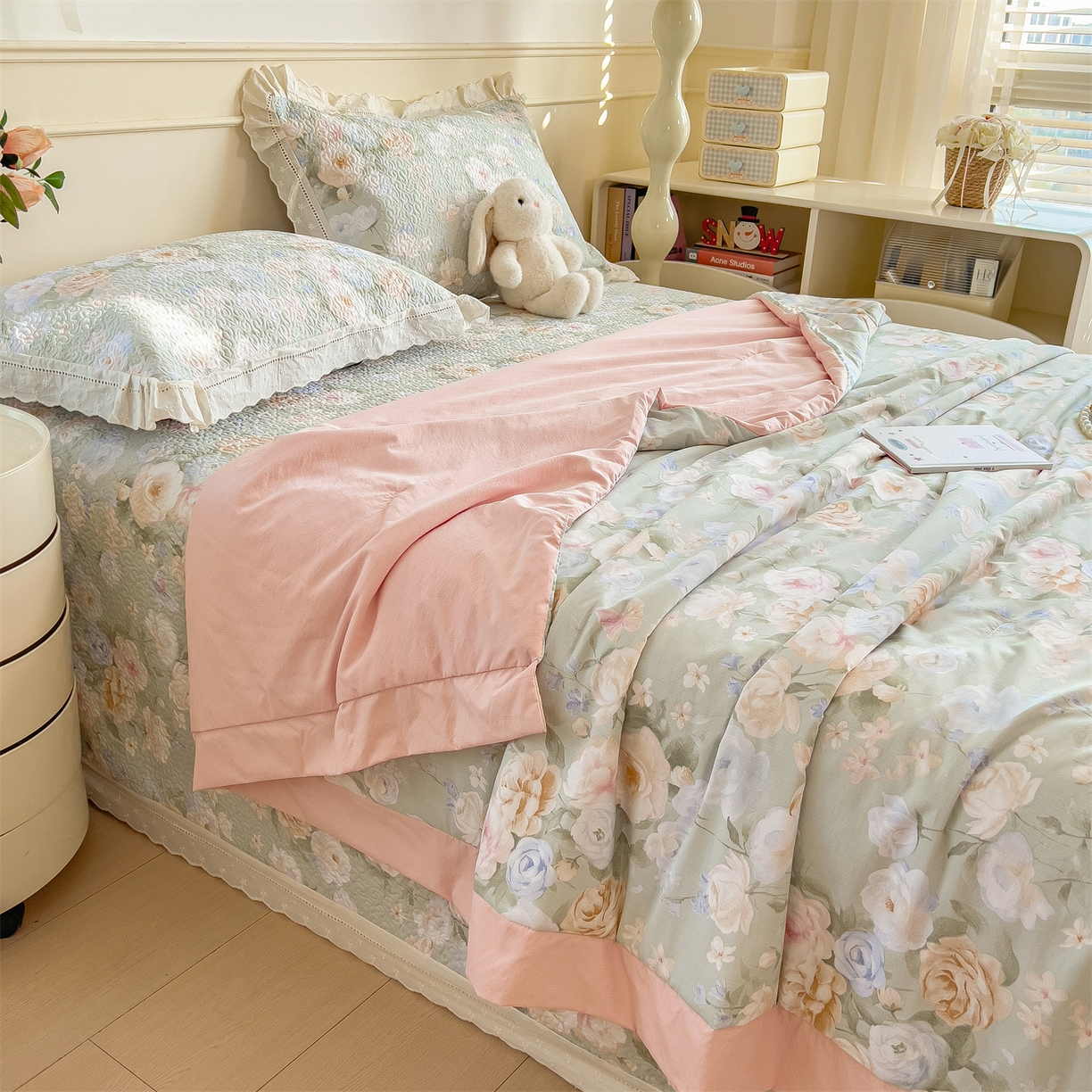 91家纺网 家纺一手货源 找家纺 慕木家纺 2026新款A类印花慕丝棉花边款床盖夏被系列(抽空压缩可供跨境)提供买家秀 青妍+粉