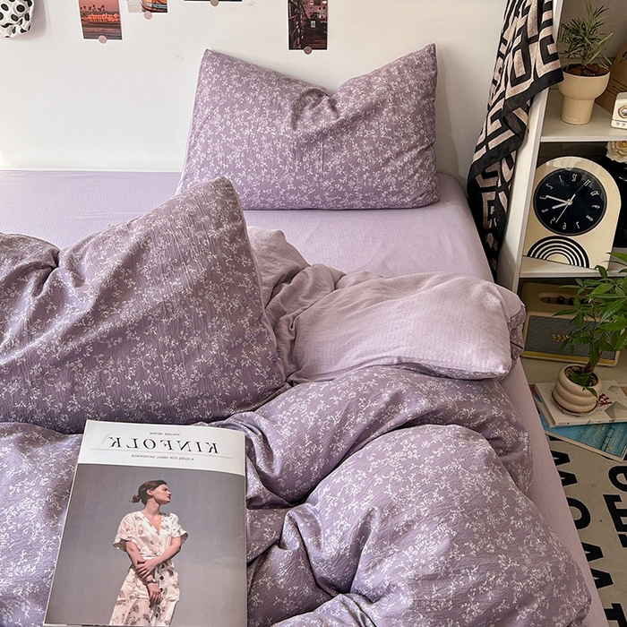 91家纺网 家纺一手货源 找家纺 朵朵家纺 2026新款高级感轻奢复古美拉德色系双层纱泡芙棉床品四件套加厚水洗双层纱软 紫萝漫想