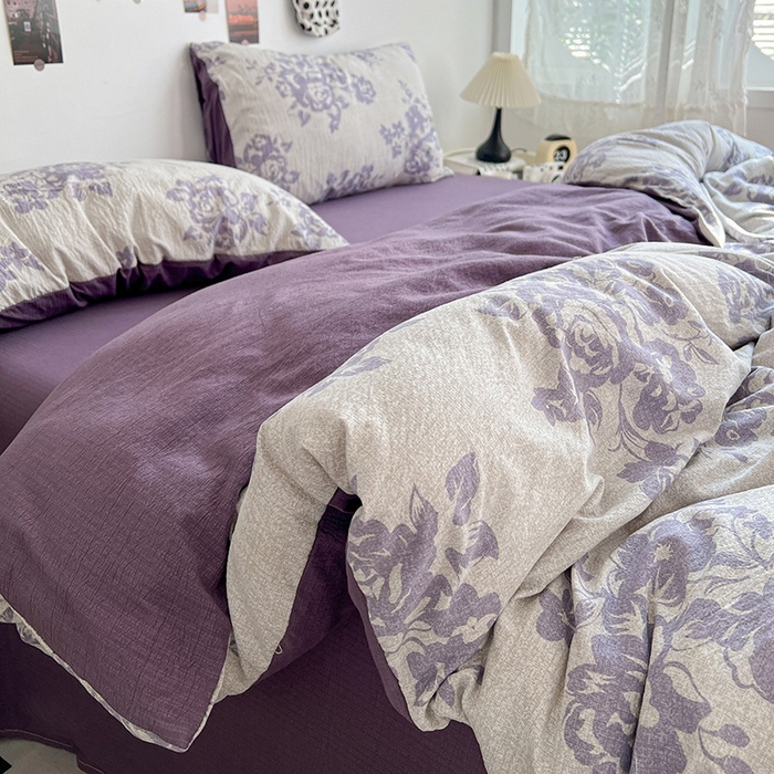 91家纺网 家纺一手货源 找家纺 朵朵家纺 2026新款高级感轻奢复古美拉德色系双层纱泡芙棉床品四件套加厚水洗双层纱软 紫韵