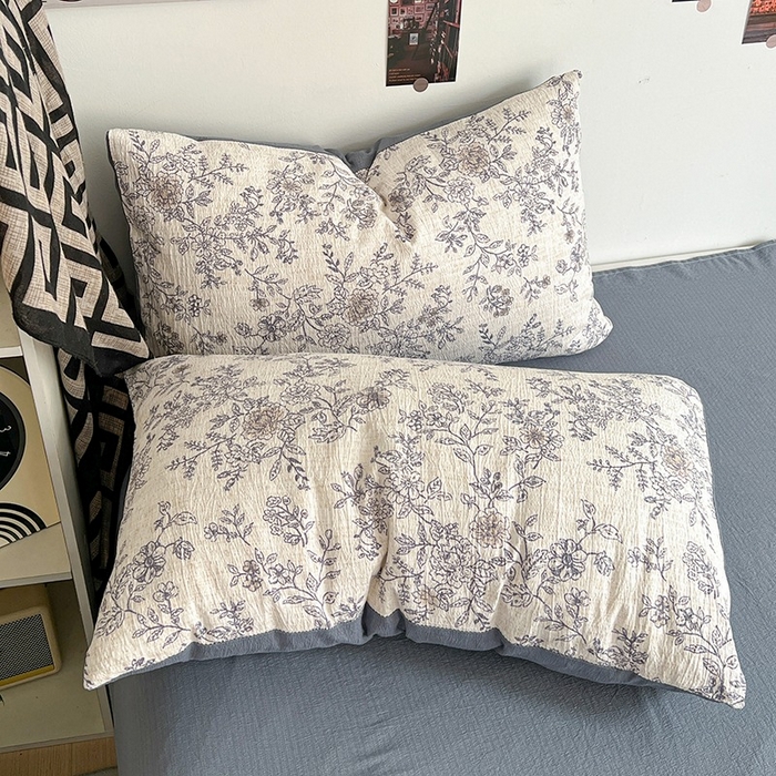 91家纺网 家纺一手货源 找家纺 朵朵家纺 2026新款高级感轻奢复古美拉德色系双层纱泡芙棉床品四件套加厚水洗双层纱软 青花瓷