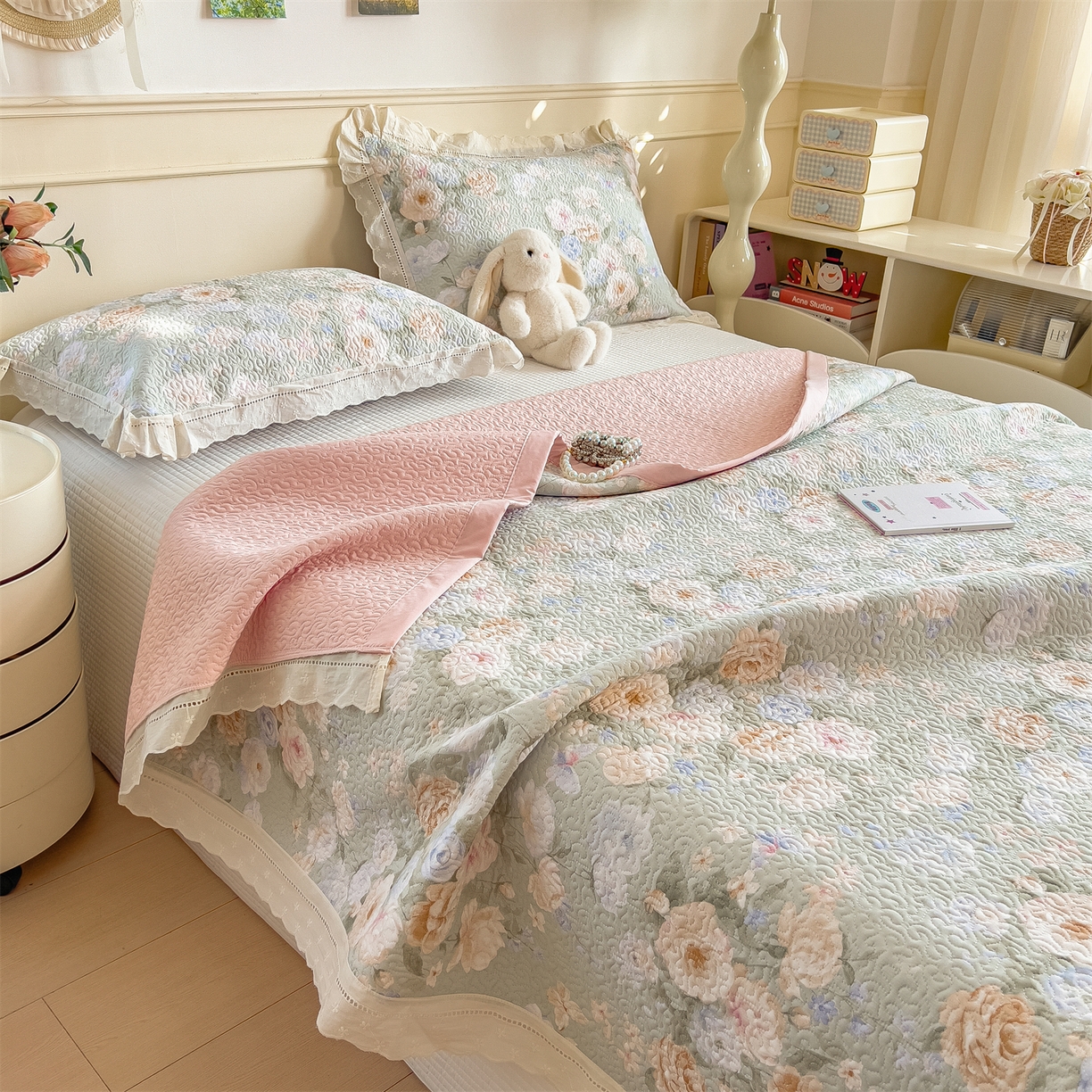 91家纺网 家纺一手货源 找家纺 慕木家纺 2026新款A类印花慕丝棉花边款床盖夏被系列(抽空压缩可供跨境)提供买家秀 青妍+粉