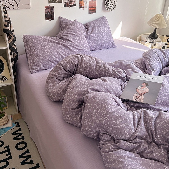 91家纺网 家纺一手货源 找家纺 朵朵家纺 2026新款高级感轻奢复古美拉德色系双层纱泡芙棉床品四件套加厚水洗双层纱软 紫萝漫想