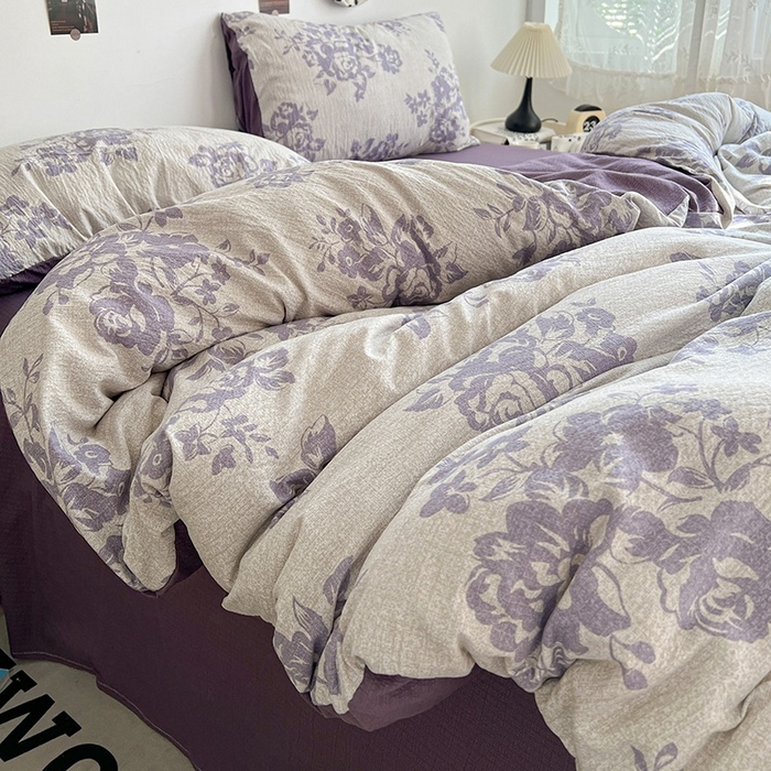 91家纺网 家纺一手货源 找家纺 朵朵家纺 2026新款高级感轻奢复古美拉德色系双层纱泡芙棉床品四件套加厚水洗双层纱软 紫韵