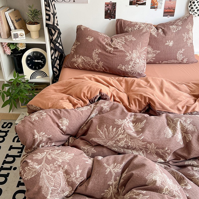 91家纺网 家纺一手货源 找家纺 朵朵家纺 2026新款高级感轻奢复古美拉德色系双层纱泡芙棉床品四件套加厚水洗双层纱软 晚棠