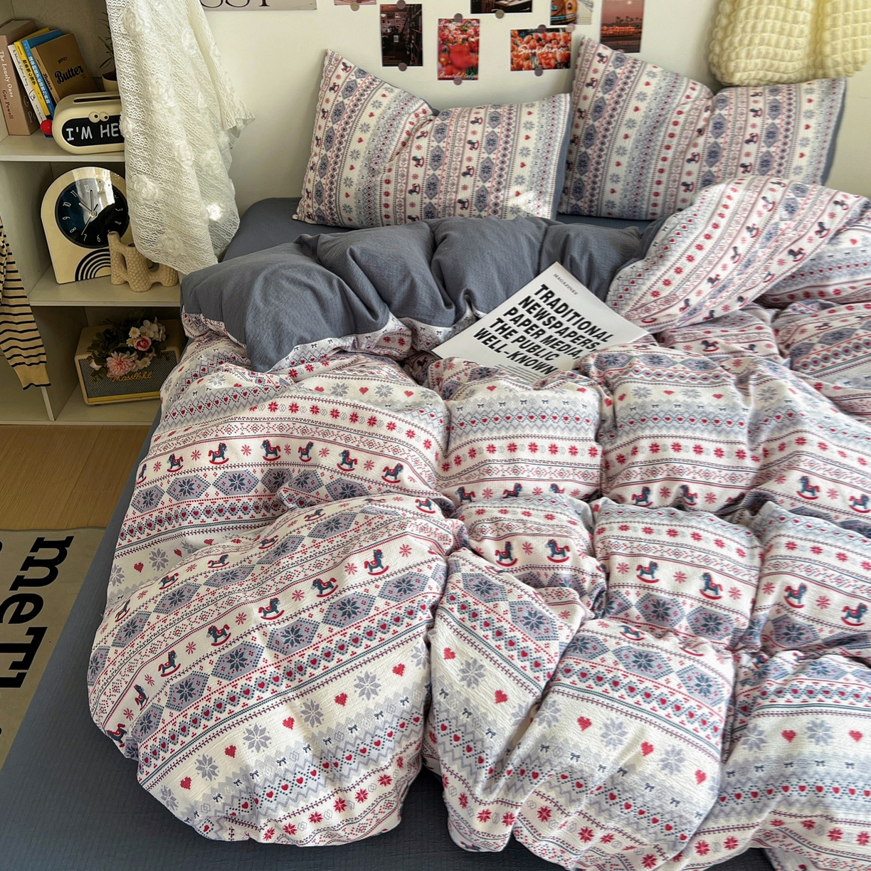 91家纺网 家纺一手货源 找家纺 朵朵家纺 2026新款高级感轻奢复古美拉德色系双层纱泡芙棉床品四件套加厚水洗双层纱软 马上有福2