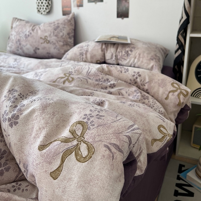 91家纺网 家纺一手货源 找家纺 朵朵家纺 2026新款高级感轻奢复古美拉德色系双层纱泡芙棉床品四件套加厚水洗双层纱软 花姿