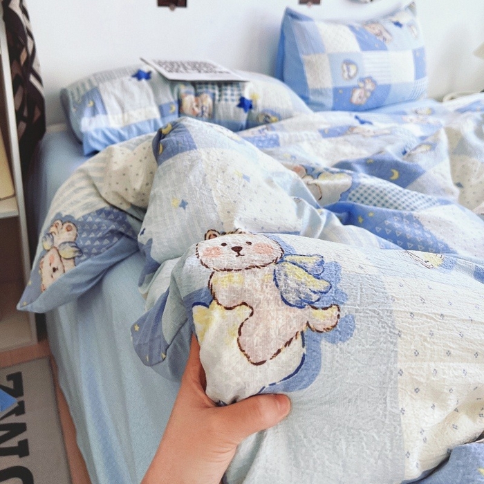 91家纺网 家纺一手货源 找家纺 朵朵家纺 2026新款高级感轻奢复古美拉德色系双层纱泡芙棉床品四件套加厚水洗双层纱软 蓝色泡芙狗