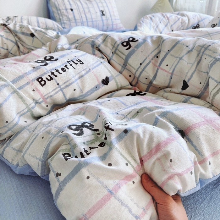 91家纺网 家纺一手货源 找家纺 朵朵家纺 2026新款高级感轻奢复古美拉德色系双层纱泡芙棉床品四件套加厚水洗双层纱软 盐系格绊