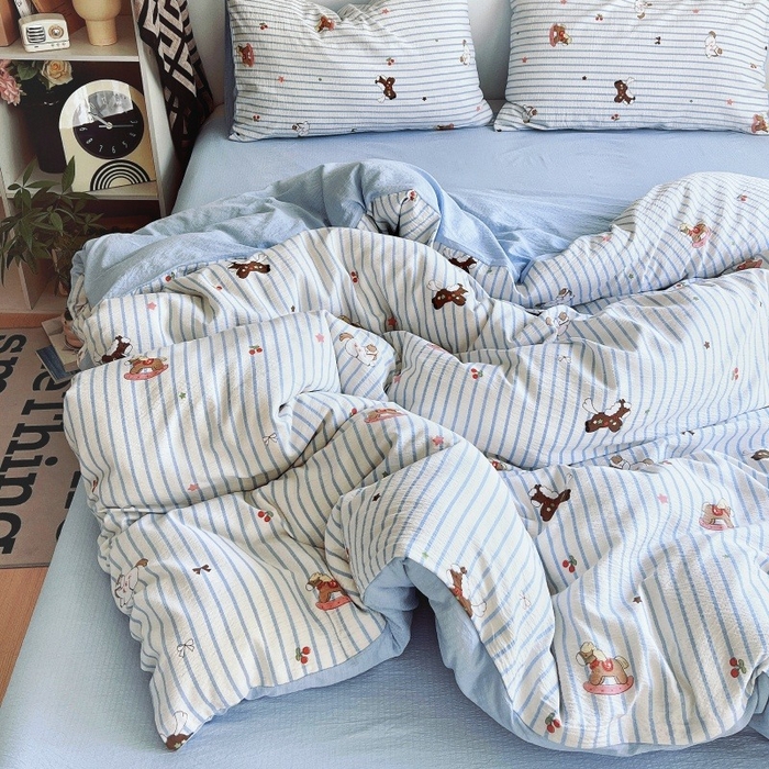 91家纺网 家纺一手货源 找家纺 朵朵家纺 2026新款高级感轻奢复古美拉德色系双层纱泡芙棉床品四件套加厚水洗双层纱软 木马拾光