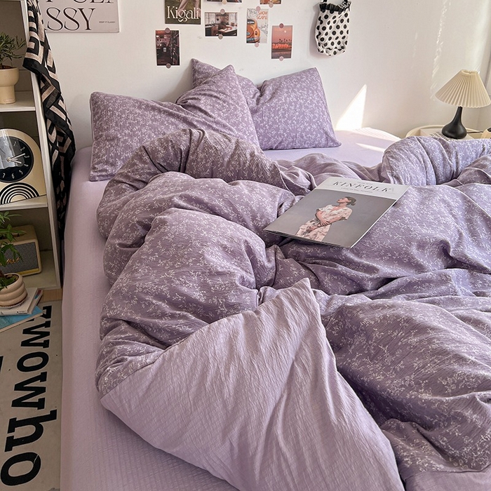 91家纺网 家纺一手货源 找家纺 朵朵家纺 2026新款高级感轻奢复古美拉德色系双层纱泡芙棉床品四件套加厚水洗双层纱软 紫萝漫想