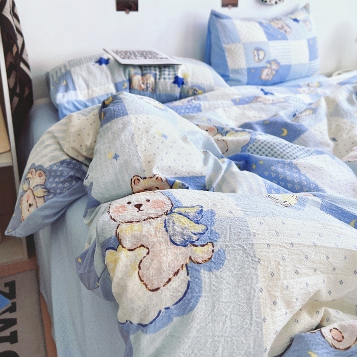 91家纺网 家纺一手货源 找家纺 朵朵家纺 2026新款高级感轻奢复古美拉德色系双层纱泡芙棉床品四件套加厚水洗双层纱软 蓝色泡芙狗