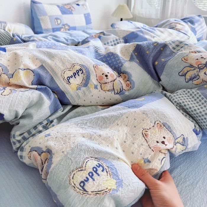 91家纺网 家纺一手货源 找家纺 朵朵家纺 2026新款高级感轻奢复古美拉德色系双层纱泡芙棉床品四件套加厚水洗双层纱软 蓝色泡芙狗