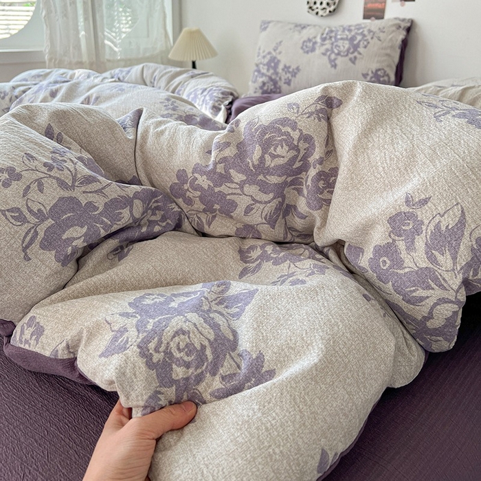 91家纺网 家纺一手货源 找家纺 朵朵家纺 2026新款高级感轻奢复古美拉德色系双层纱泡芙棉床品四件套加厚水洗双层纱软 紫韵