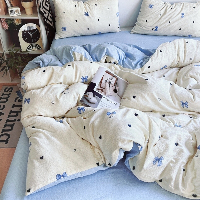 91家纺网 家纺一手货源 找家纺 朵朵家纺 2026新款高级感轻奢复古美拉德色系双层纱泡芙棉床品四件套加厚水洗双层纱软 奶蓝甜结
