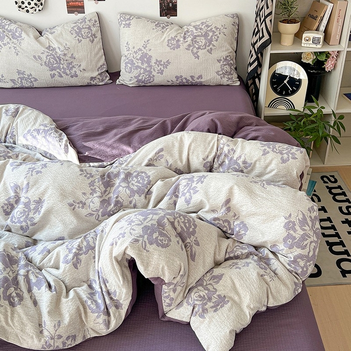 91家纺网 家纺一手货源 找家纺 朵朵家纺 2026新款高级感轻奢复古美拉德色系双层纱泡芙棉床品四件套加厚水洗双层纱软 紫韵