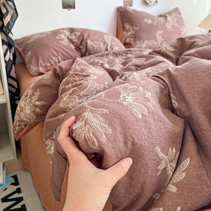 91家纺网 家纺一手货源 找家纺 朵朵家纺 2026新款高级感轻奢复古美拉德色系双层纱泡芙棉床品四件套加厚水洗双层纱软 晚棠