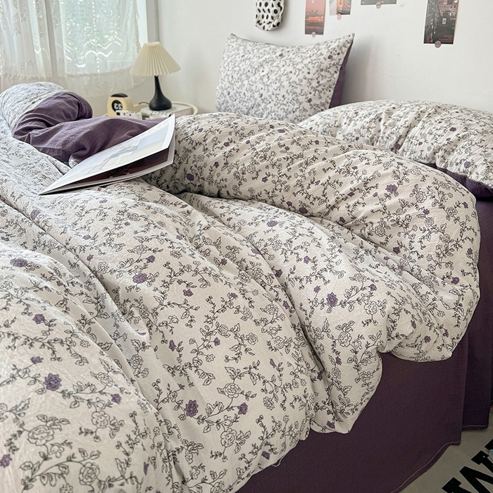 91家纺网 家纺一手货源 找家纺 朵朵家纺 2026新款高级感轻奢复古美拉德色系双层纱泡芙棉床品四件套加厚水洗双层纱软 春风拂梦