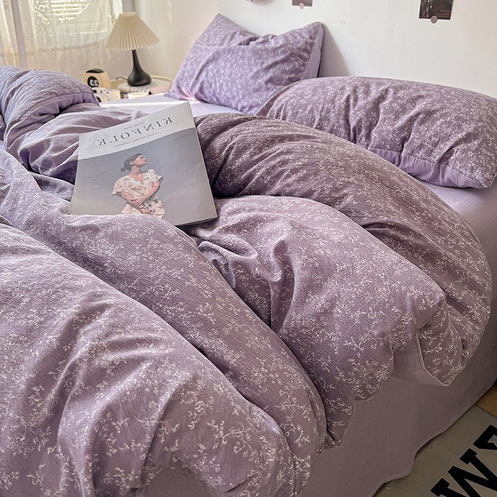 91家纺网 家纺一手货源 找家纺 朵朵家纺 2026新款高级感轻奢复古美拉德色系双层纱泡芙棉床品四件套加厚水洗双层纱软 紫萝漫想
