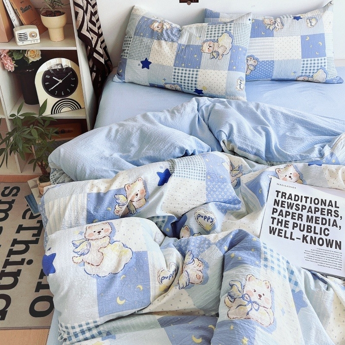 91家纺网 家纺一手货源 找家纺 朵朵家纺 2026新款高级感轻奢复古美拉德色系双层纱泡芙棉床品四件套加厚水洗双层纱软 蓝色泡芙狗