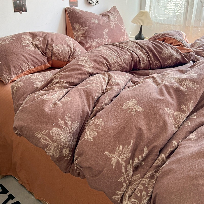 91家纺网 家纺一手货源 找家纺 朵朵家纺 2026新款高级感轻奢复古美拉德色系双层纱泡芙棉床品四件套加厚水洗双层纱软 晚棠