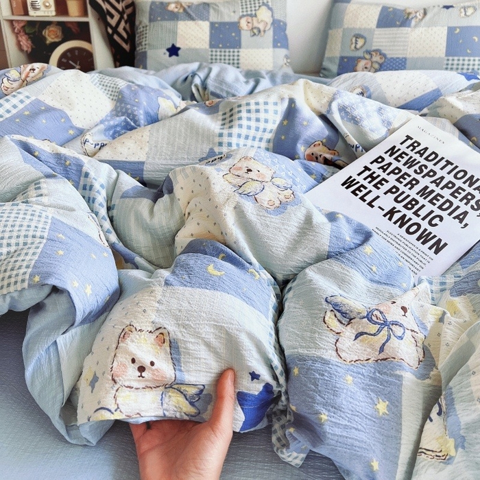 91家纺网 家纺一手货源 找家纺 朵朵家纺 2026新款高级感轻奢复古美拉德色系双层纱泡芙棉床品四件套加厚水洗双层纱软 蓝色泡芙狗