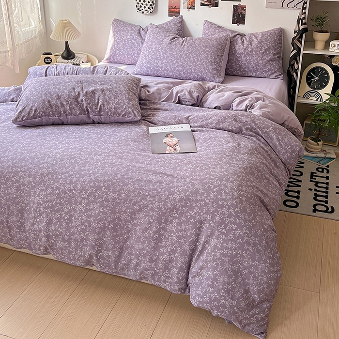 91家纺网 家纺一手货源 找家纺 朵朵家纺 2026新款高级感轻奢复古美拉德色系双层纱泡芙棉床品四件套加厚水洗双层纱软 紫萝漫想