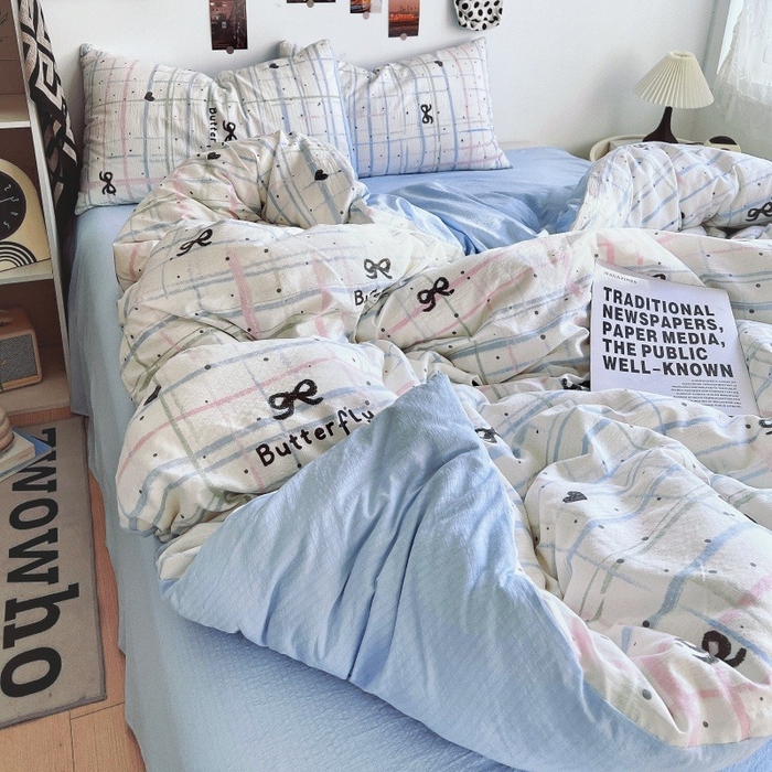 91家纺网 家纺一手货源 找家纺 朵朵家纺 2026新款高级感轻奢复古美拉德色系双层纱泡芙棉床品四件套加厚水洗双层纱软 盐系格绊