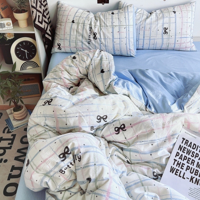 91家纺网 家纺一手货源 找家纺 朵朵家纺 2026新款高级感轻奢复古美拉德色系双层纱泡芙棉床品四件套加厚水洗双层纱软 盐系格绊