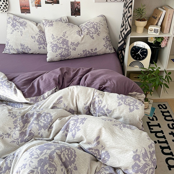 91家纺网 家纺一手货源 找家纺 朵朵家纺 2026新款高级感轻奢复古美拉德色系双层纱泡芙棉床品四件套加厚水洗双层纱软 紫韵