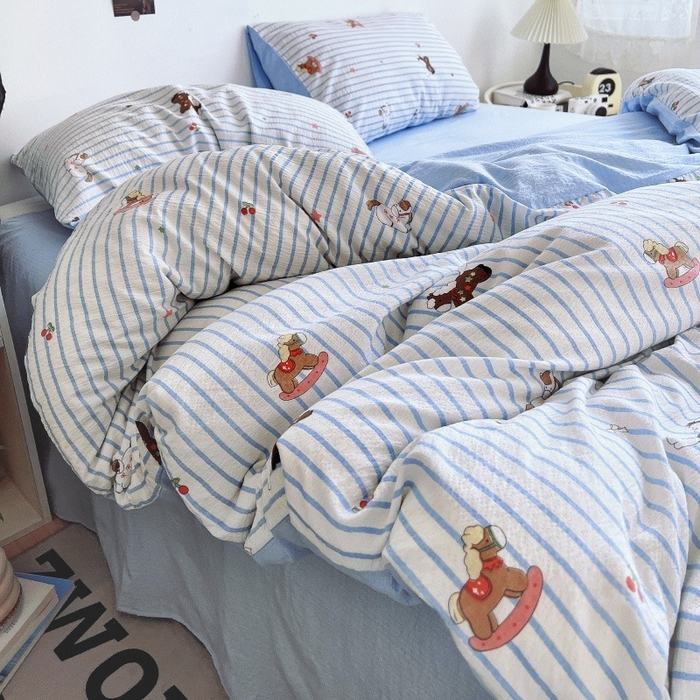 91家纺网 家纺一手货源 找家纺 朵朵家纺 2026新款高级感轻奢复古美拉德色系双层纱泡芙棉床品四件套加厚水洗双层纱软 木马拾光